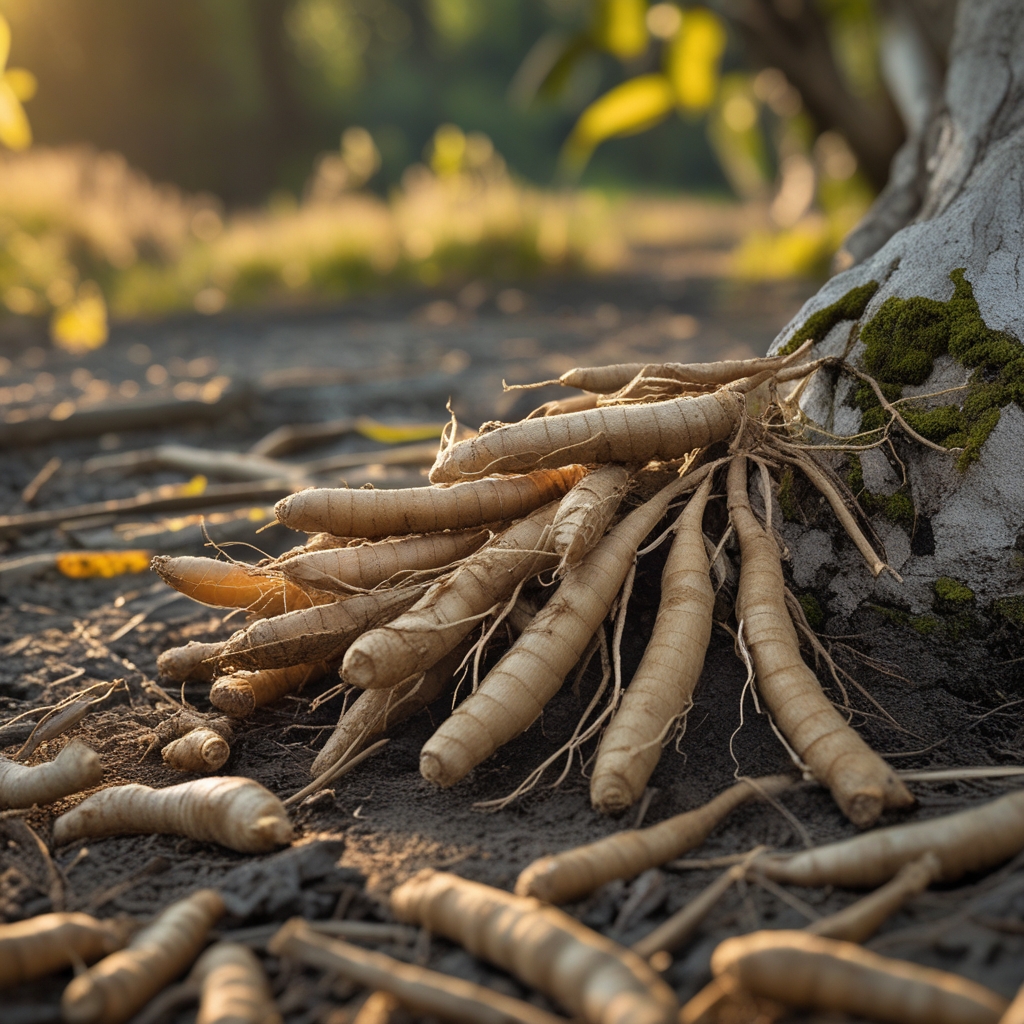 Akar ginseng segar yang baru dipanen berwarna krem kekuningan di atas permukaan tanah hutan berlumut yang alami