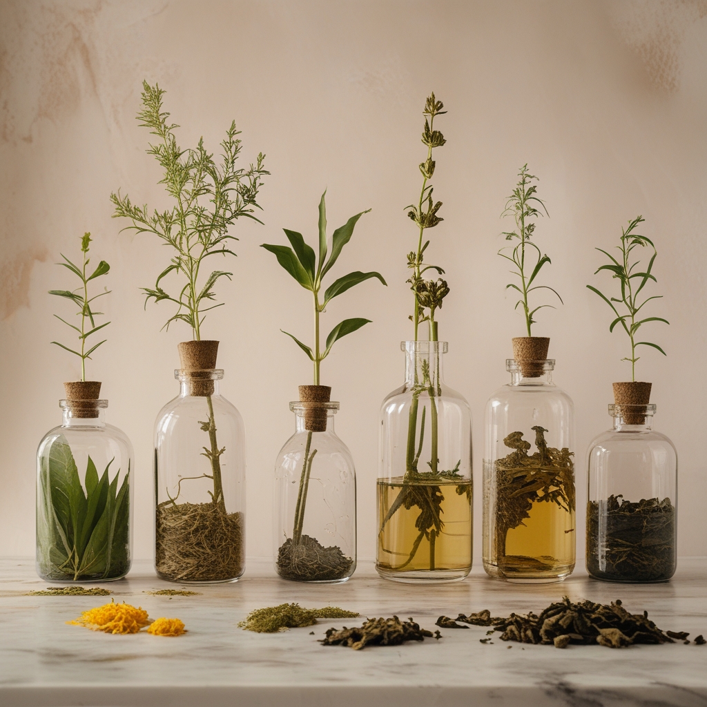 Koleksi botol kaca berisi daun teh kering, biji rempah, dan ekstrak herbal di atas meja laboratorium kayu dengan buku catatan ilmiah