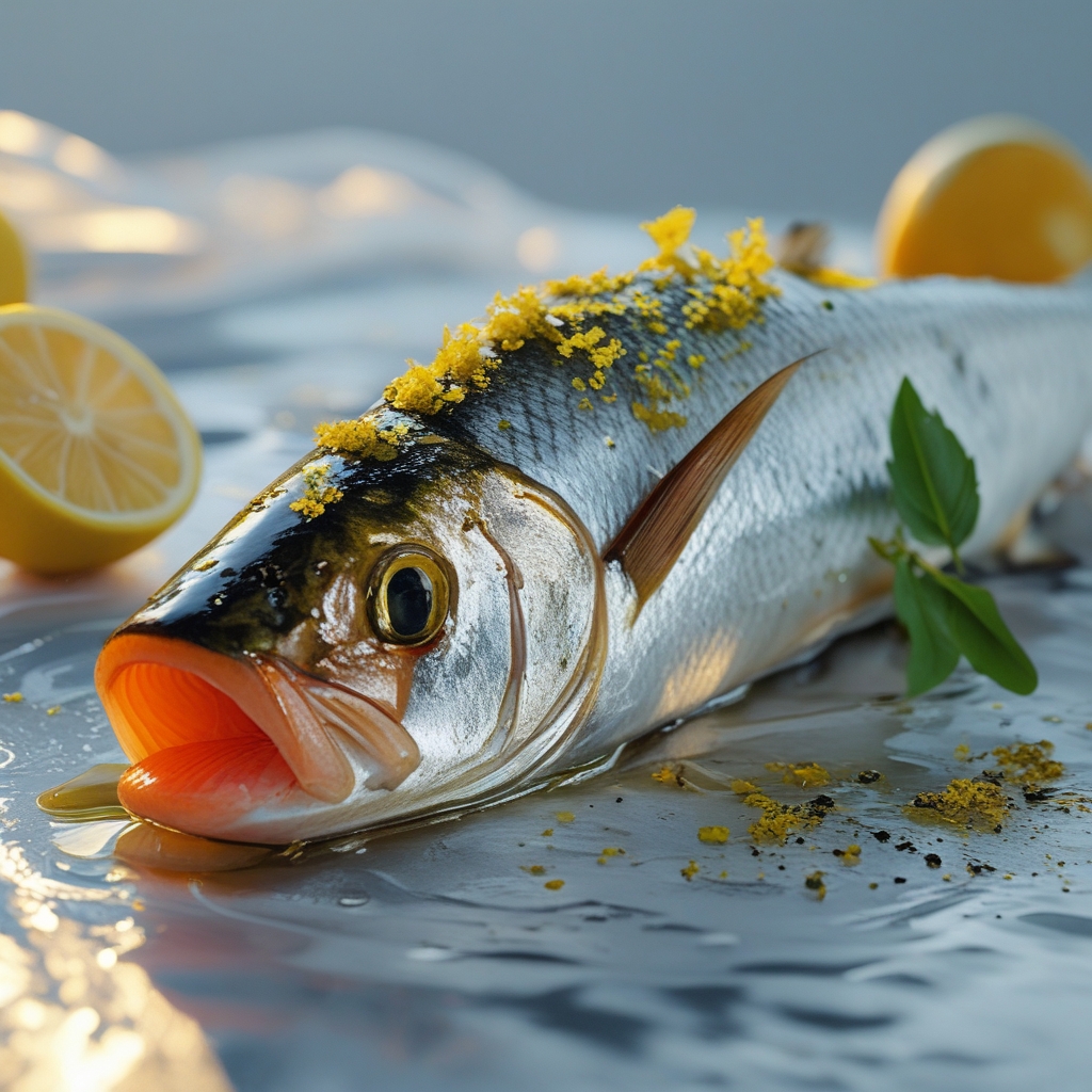 Ikan salmon segar utuh di atas es batu bersih dengan lemon dan rempah hijau, menampilkan sumber alami asam lemak omega-3